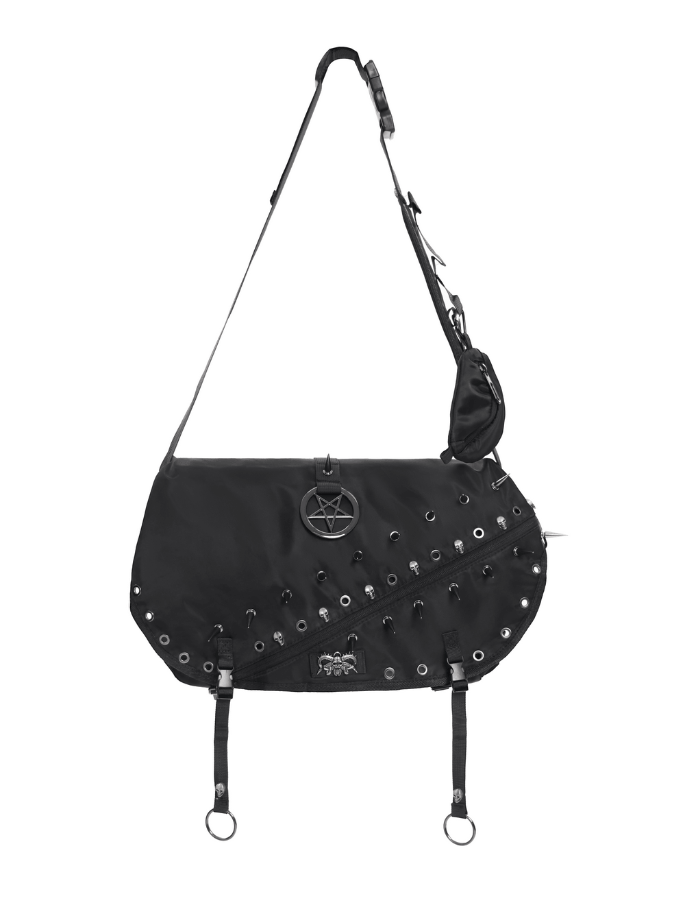 Dark Gothic Messenger Bag with Spikes and Pentagram Charm