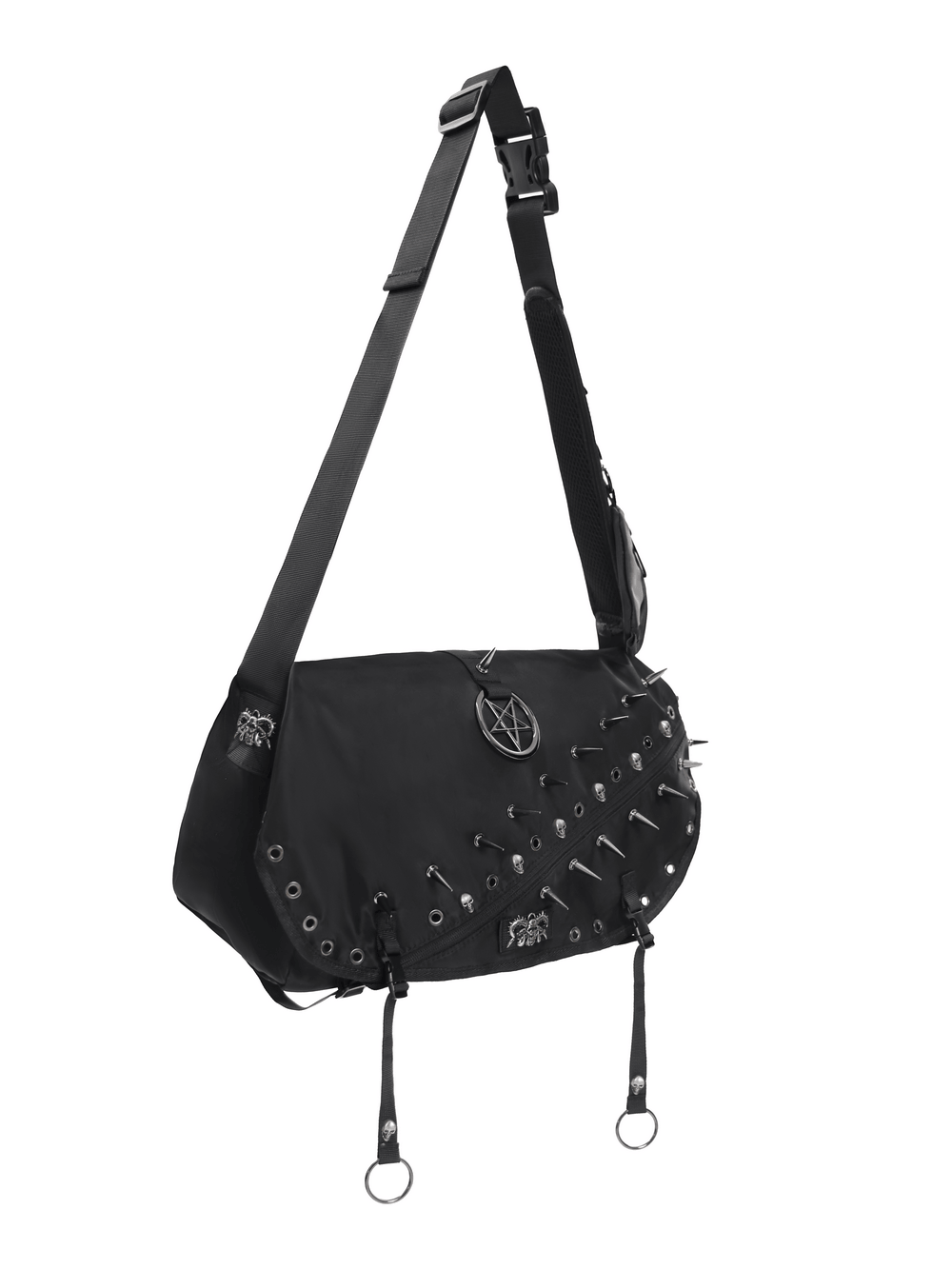 Dark Gothic Messenger Bag with Spikes and Pentagram Charm