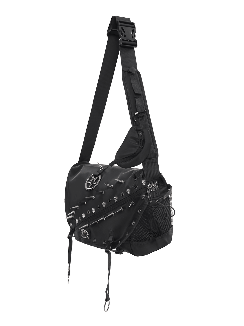 Dark Gothic Messenger Bag with Spikes and Pentagram Charm