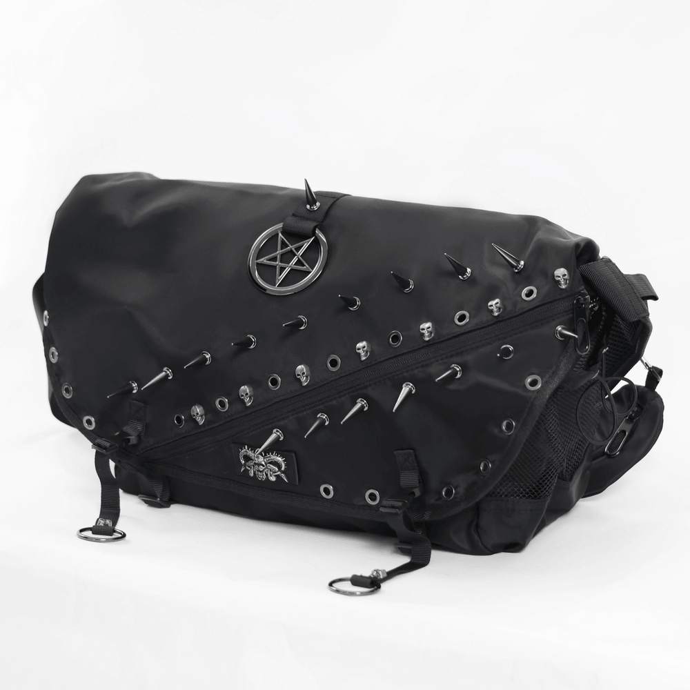 Dark Gothic Messenger Bag with Spikes and Pentagram Charm