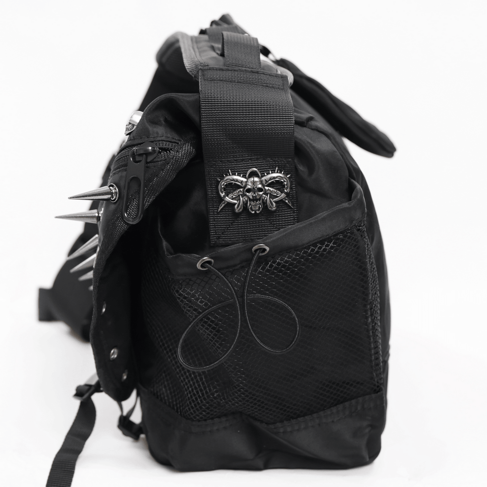Dark Gothic Messenger Bag with Spikes and Pentagram Charm