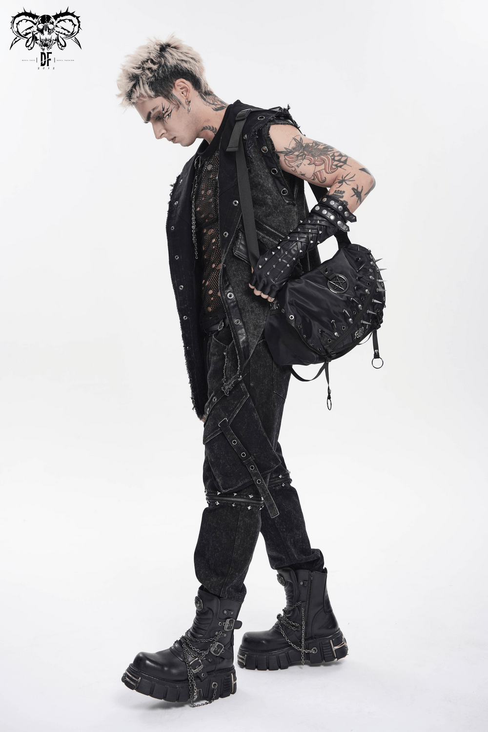 Dark Gothic Messenger Bag with Spikes and Pentagram Charm