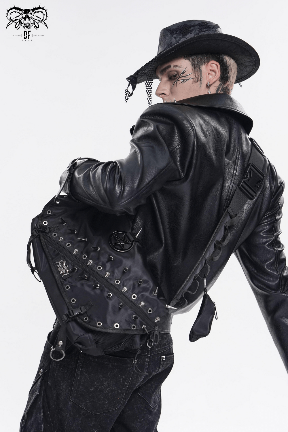 Dark Gothic Messenger Bag with Spikes and Pentagram Charm