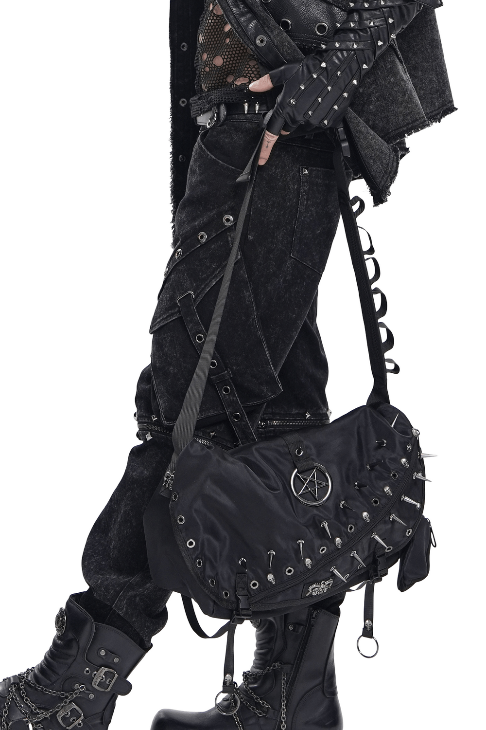 Dark Gothic Messenger Bag with Spikes and Pentagram Charm