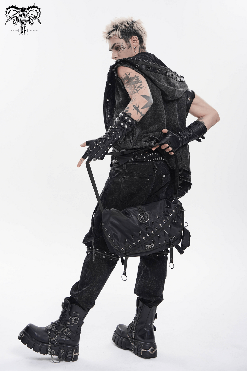 Dark Gothic Messenger Bag with Spikes and Pentagram Charm
