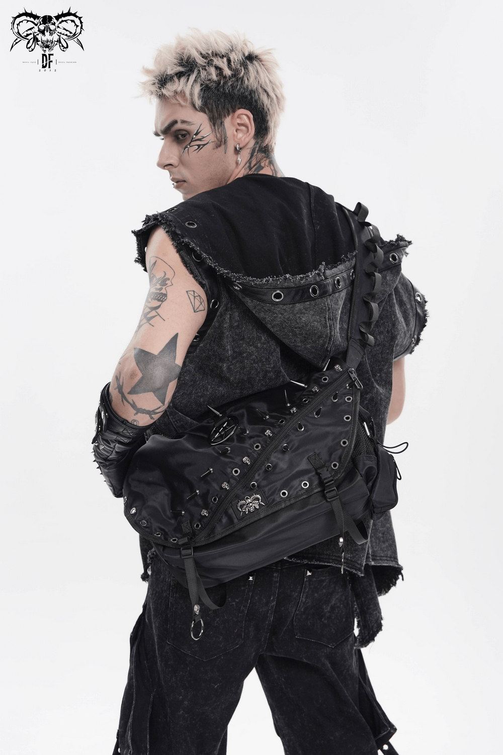 Dark Gothic Messenger Bag with Spikes and Pentagram Charm