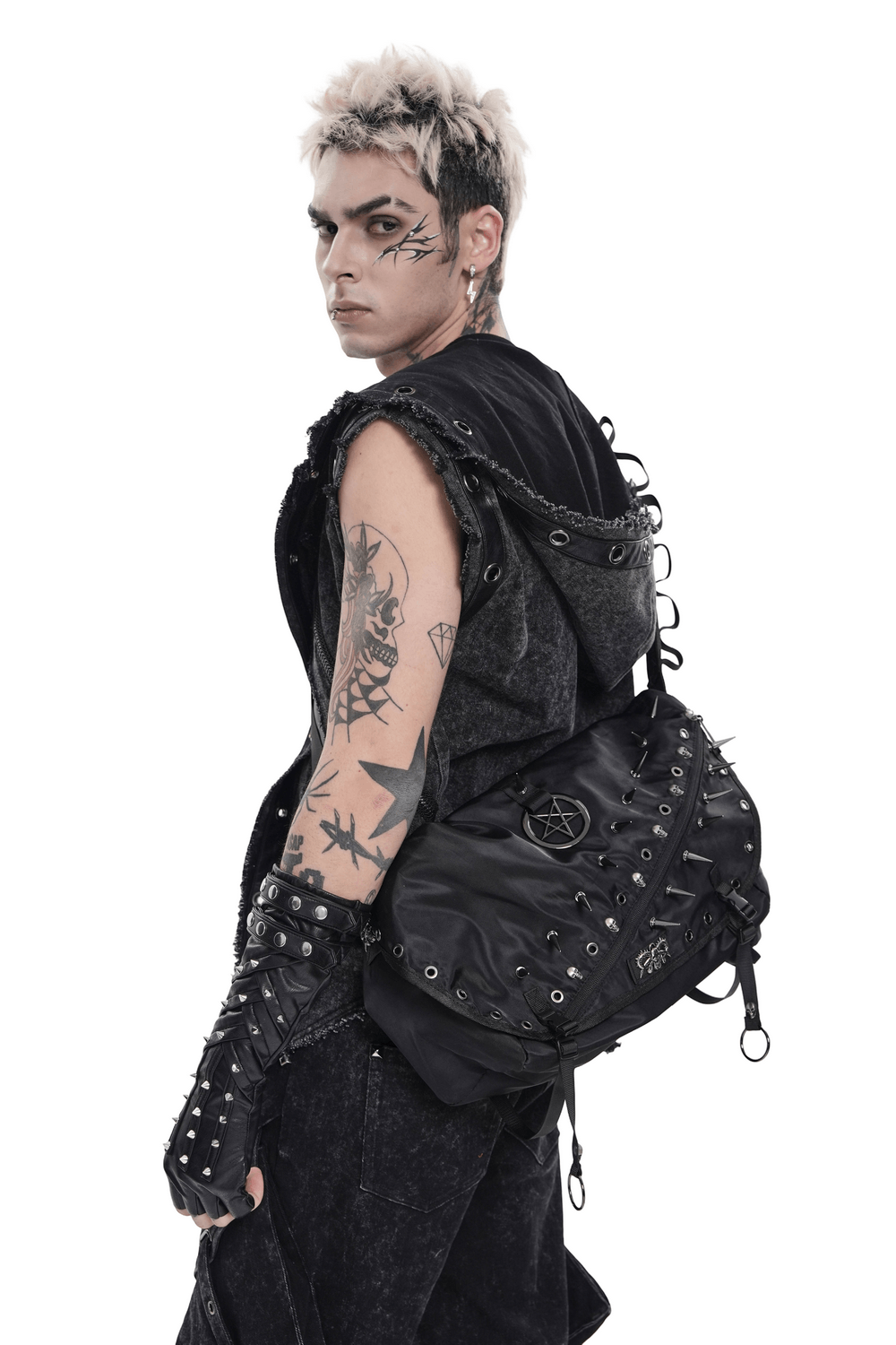 Dark Gothic Messenger Bag with Spikes and Pentagram Charm
