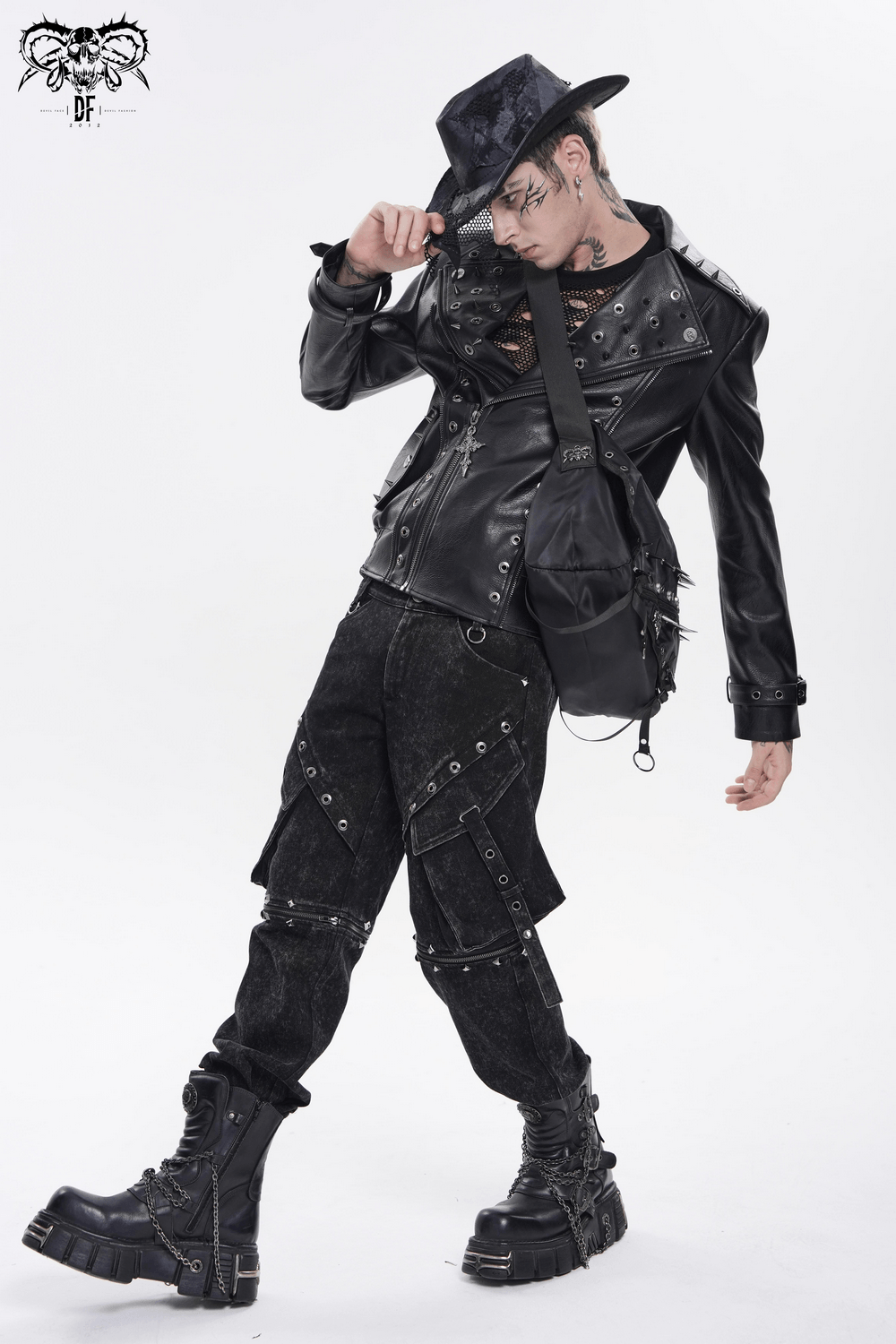 Dark Gothic Messenger Bag with Spikes and Pentagram Charm