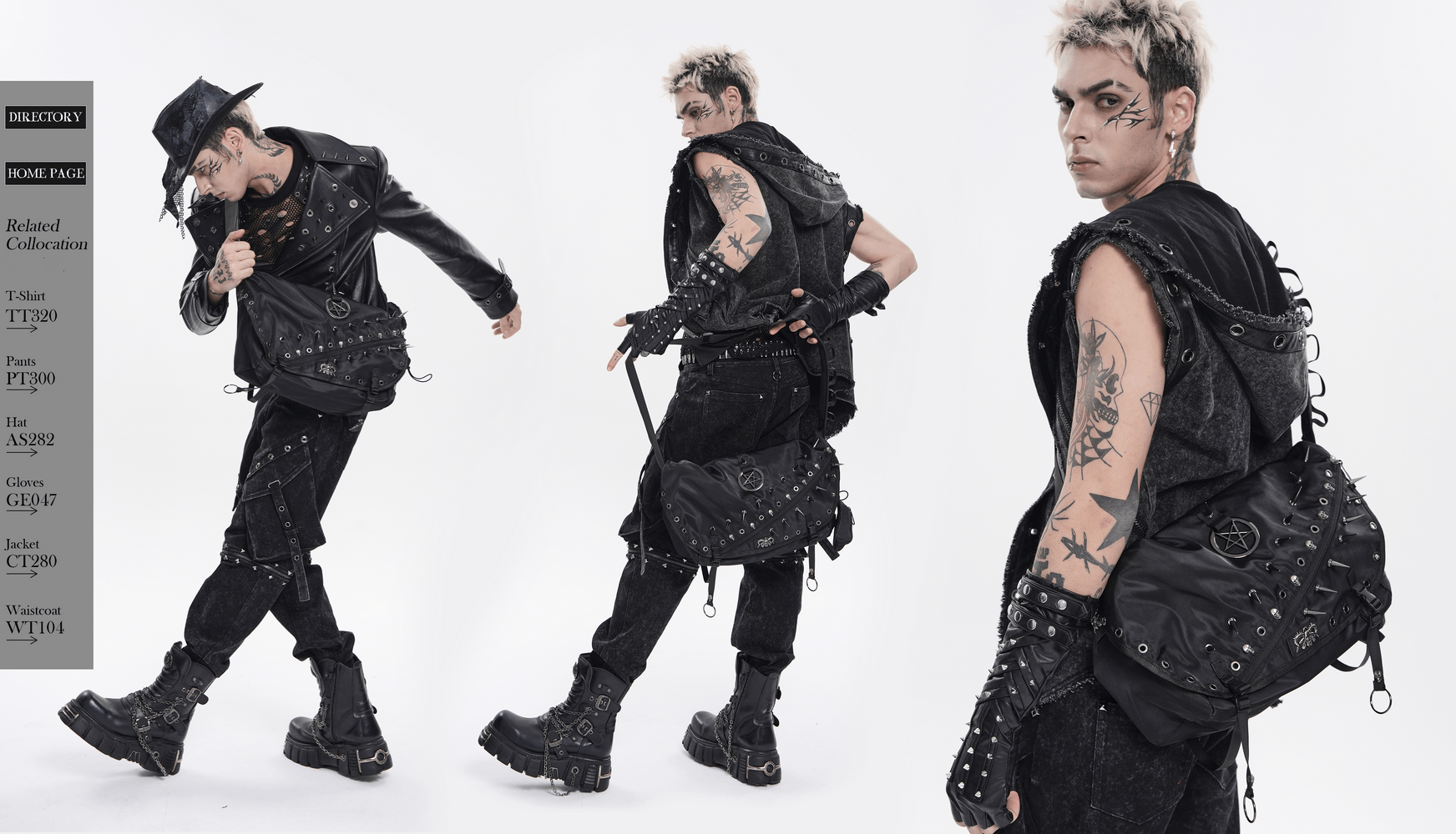 Dark Gothic Messenger Bag with Spikes and Pentagram Charm