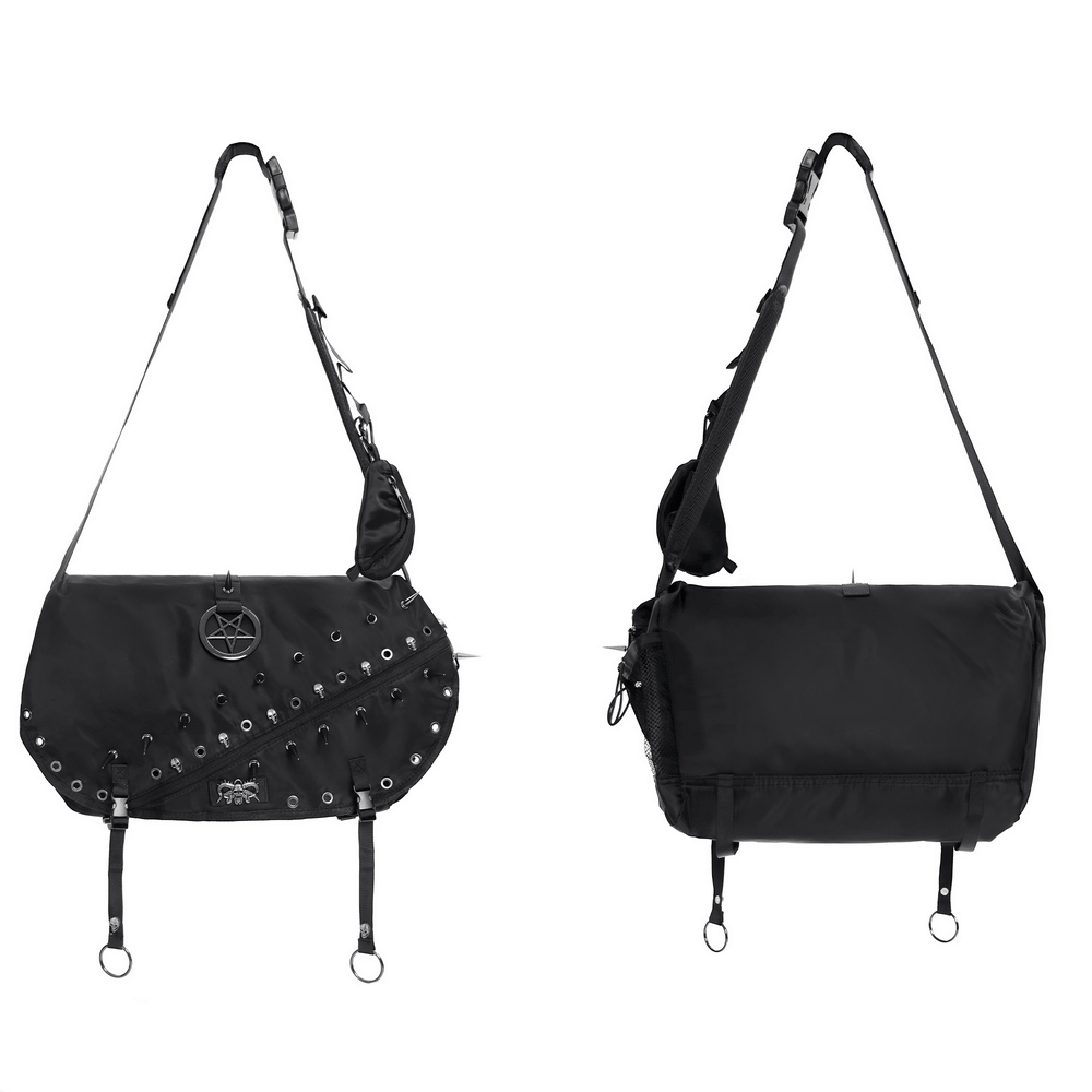 Dark Gothic Messenger Bag with Spikes and Pentagram Charm