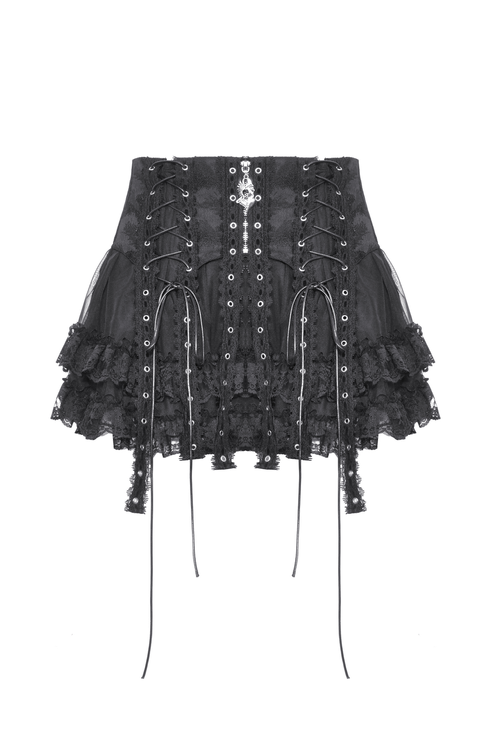Dark Gothic Mini Skirt with Lace Trim and Cross Detail