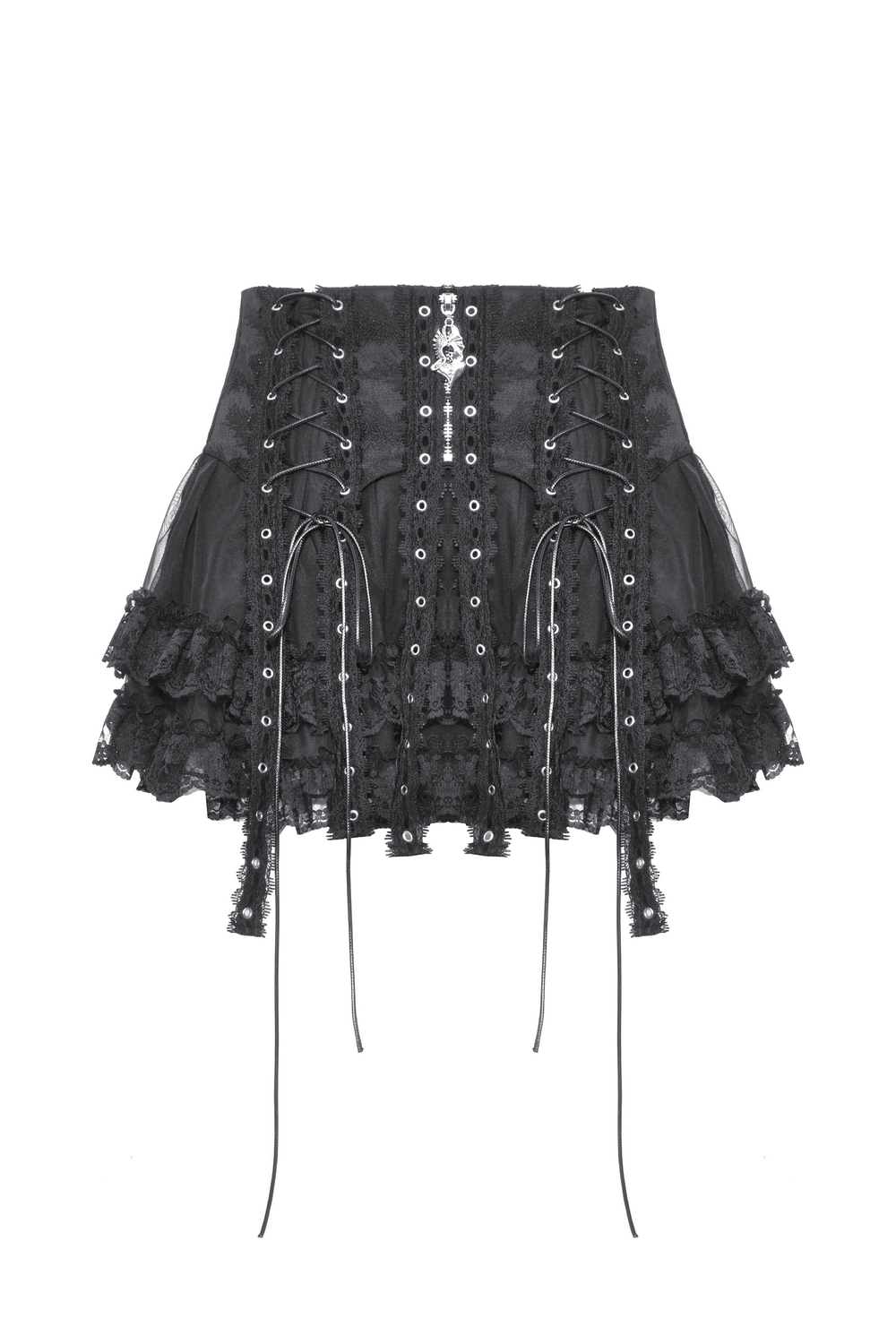 Dark gothic mini skirt with lace trim and cross details for a punk-inspired look.