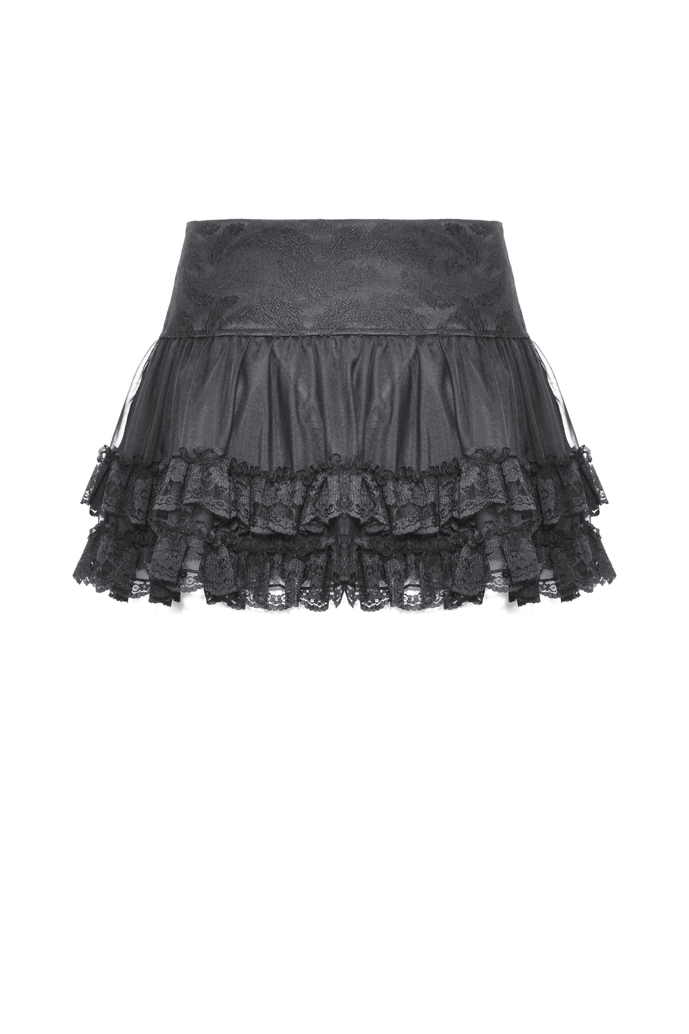 Dark Gothic mini skirt with lace trim and cross details, perfect for edgy fashion lovers.