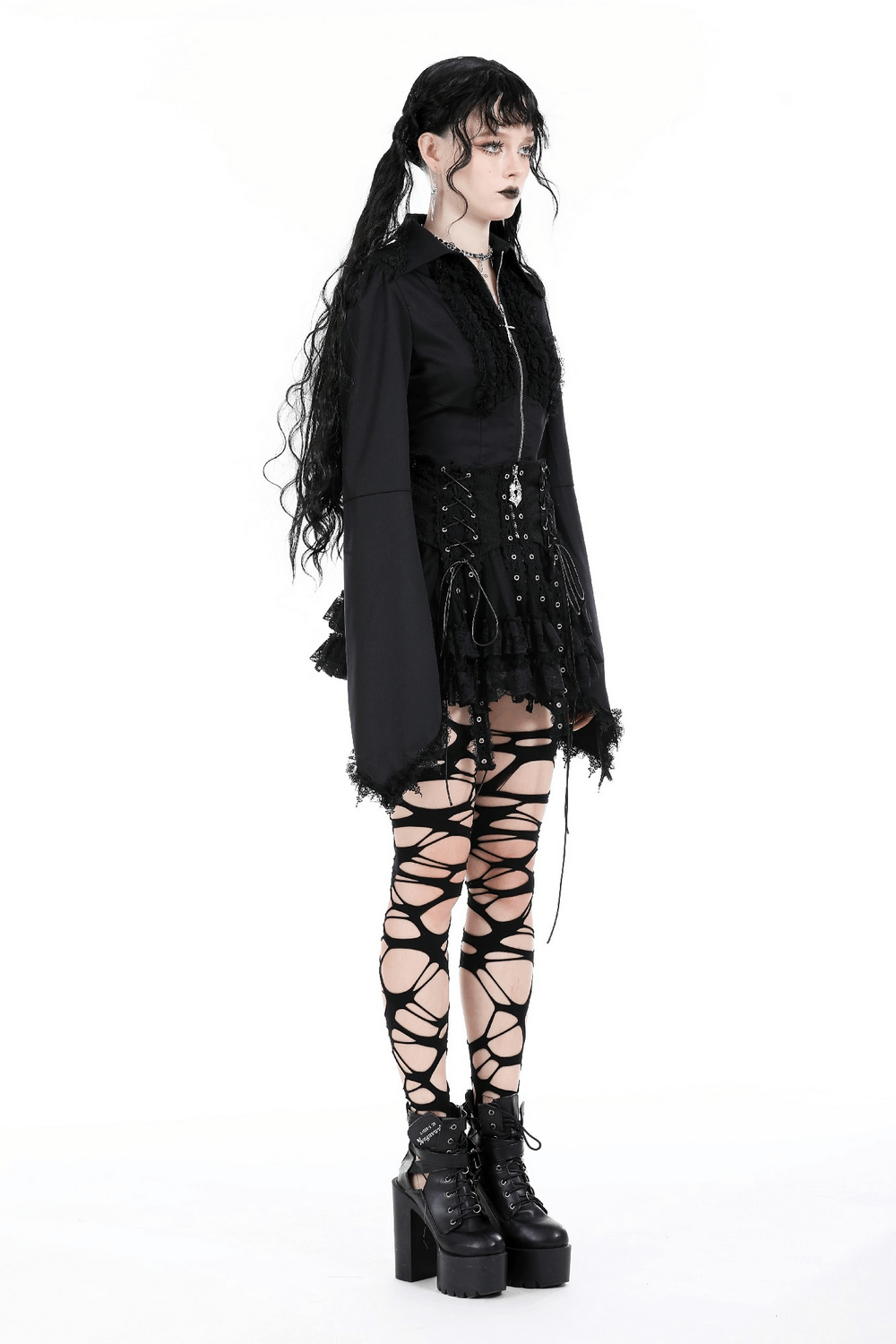 Dark Gothic Mini Skirt with Lace Trim and Cross Detail