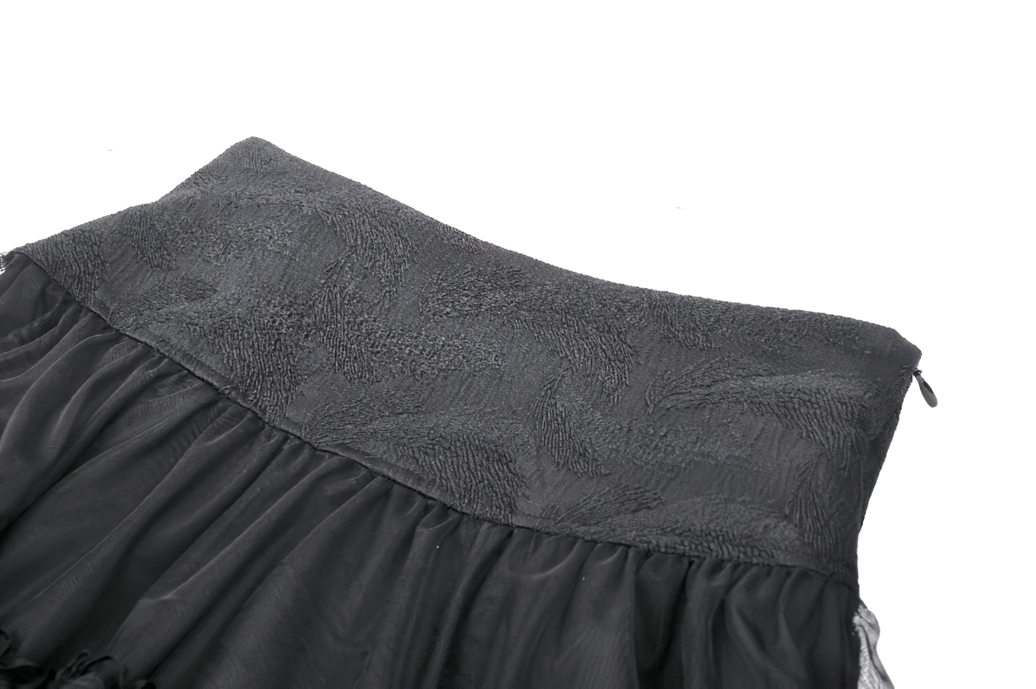 Close-up of dark gothic mini skirt waistband with textured detail and ruffled fabric for a stylish edge.
