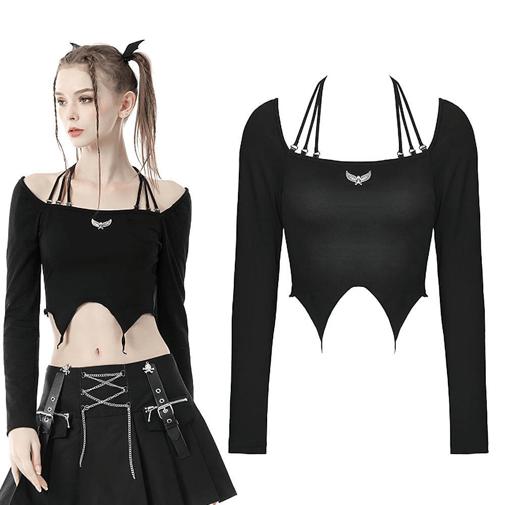 Dark Gothic Multi-Rope Halter Top with Skull and Wings
