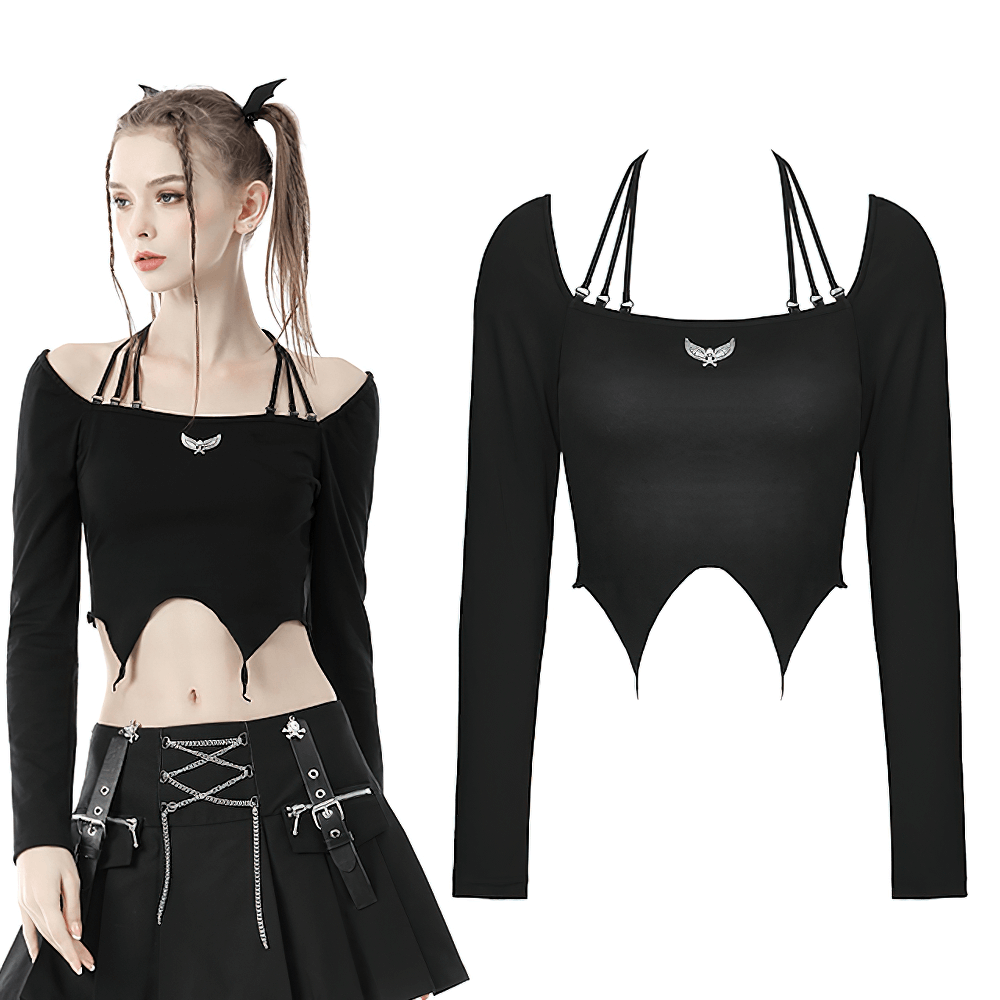 Edgy black gothic multi-rope halter top with skull and wings, perfect for punk style outfits.