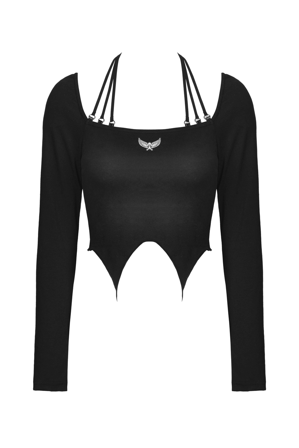 Dark gothic multi-rope halter top with metal skull and wings, perfect for edgy punk styles.