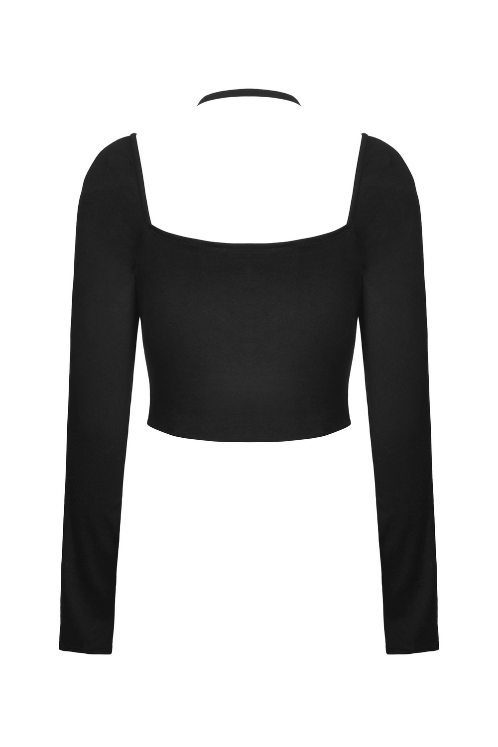 Back view of a black gothic long-sleeve halter crop top with a sleek design and stylish fit.