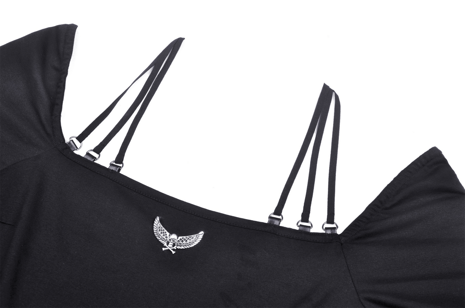 Close-up of black Gothic halter top with multi-rope straps and metal wing embellishment, perfect for edgy outfits.