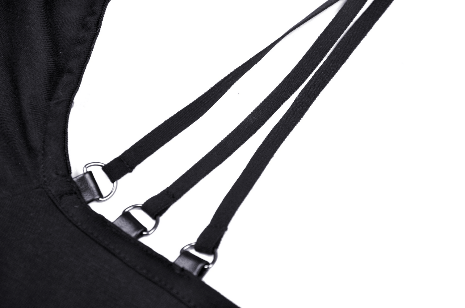 Close-up of multi-rope halter neckline with metal hardware for an edgy gothic style top.