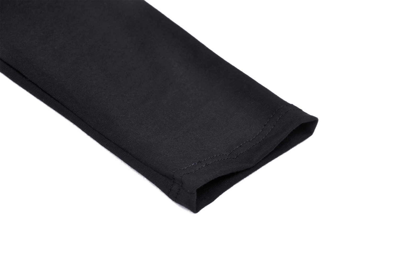 Close-up of the sleeve hem of a black gothic halter top, showcasing sleek and stylish fabric detail.