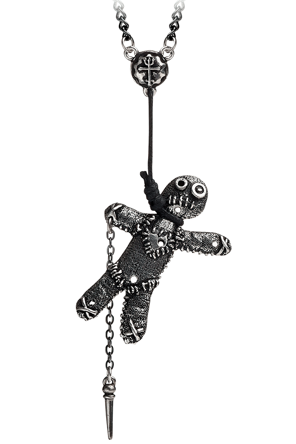 Dark gothic voodoo doll pendant in antiqued pewter with chain and pin charm, symbolizing protection and power.