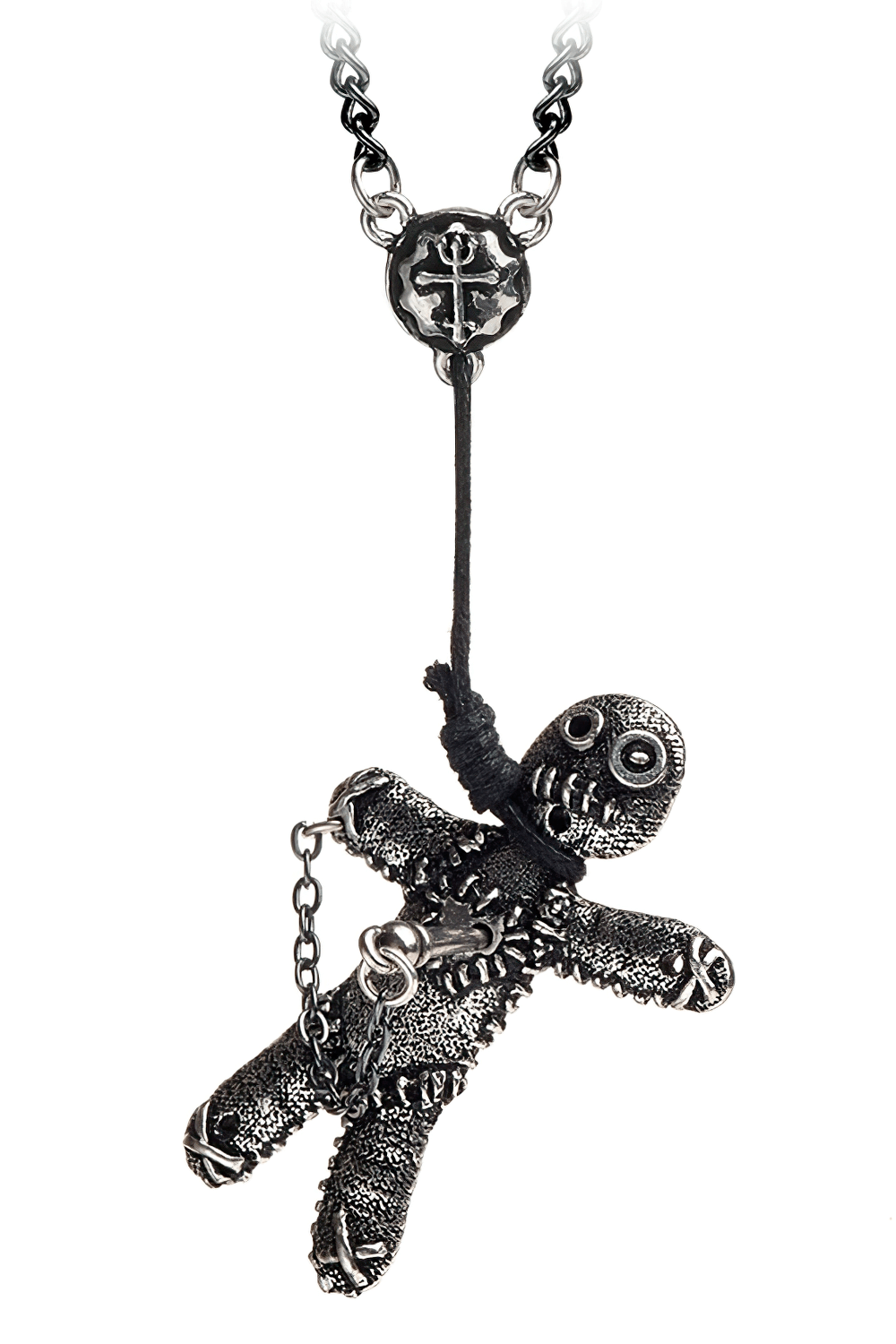 Dark Gothic voodoo doll pendant in antiqued pewter, symbolizing protection and power with detailed craftsmanship.