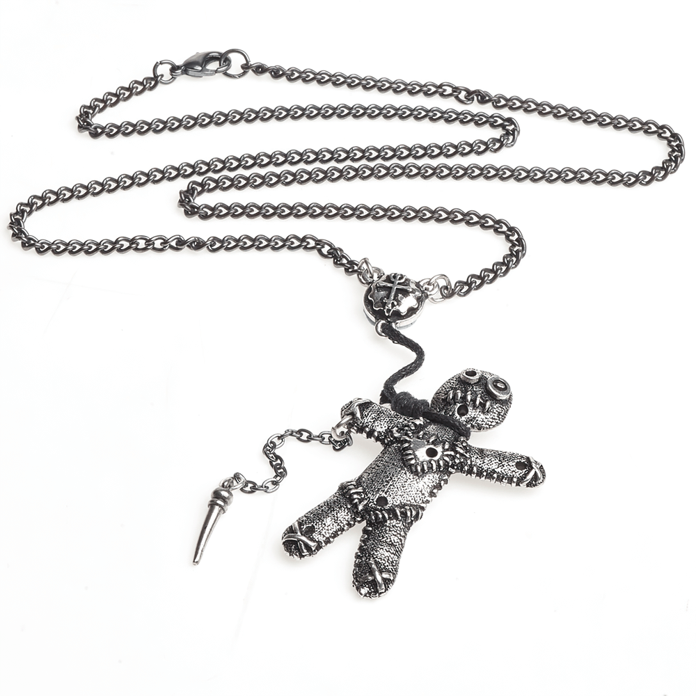 Dark Gothic voodoo doll pendant on chain, symbolizing protection and ancient folk magic with intricate details.