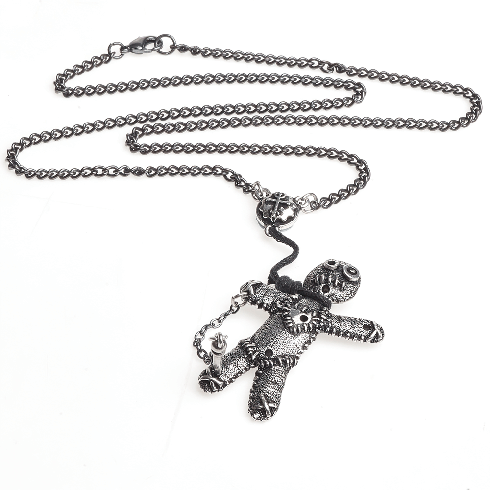 Dark Gothic Occult Voodoo Doll Pendant on chain, crafted in antiqued pewter with mystical symbols.