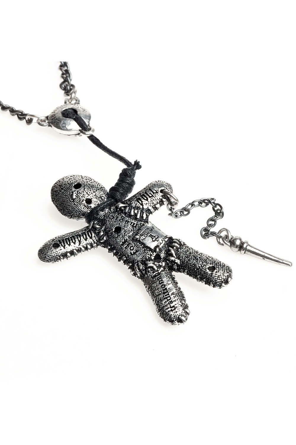 Dark Gothic voodoo doll pendant in antiqued pewter with stitching and pin charm for witchcraft protection.