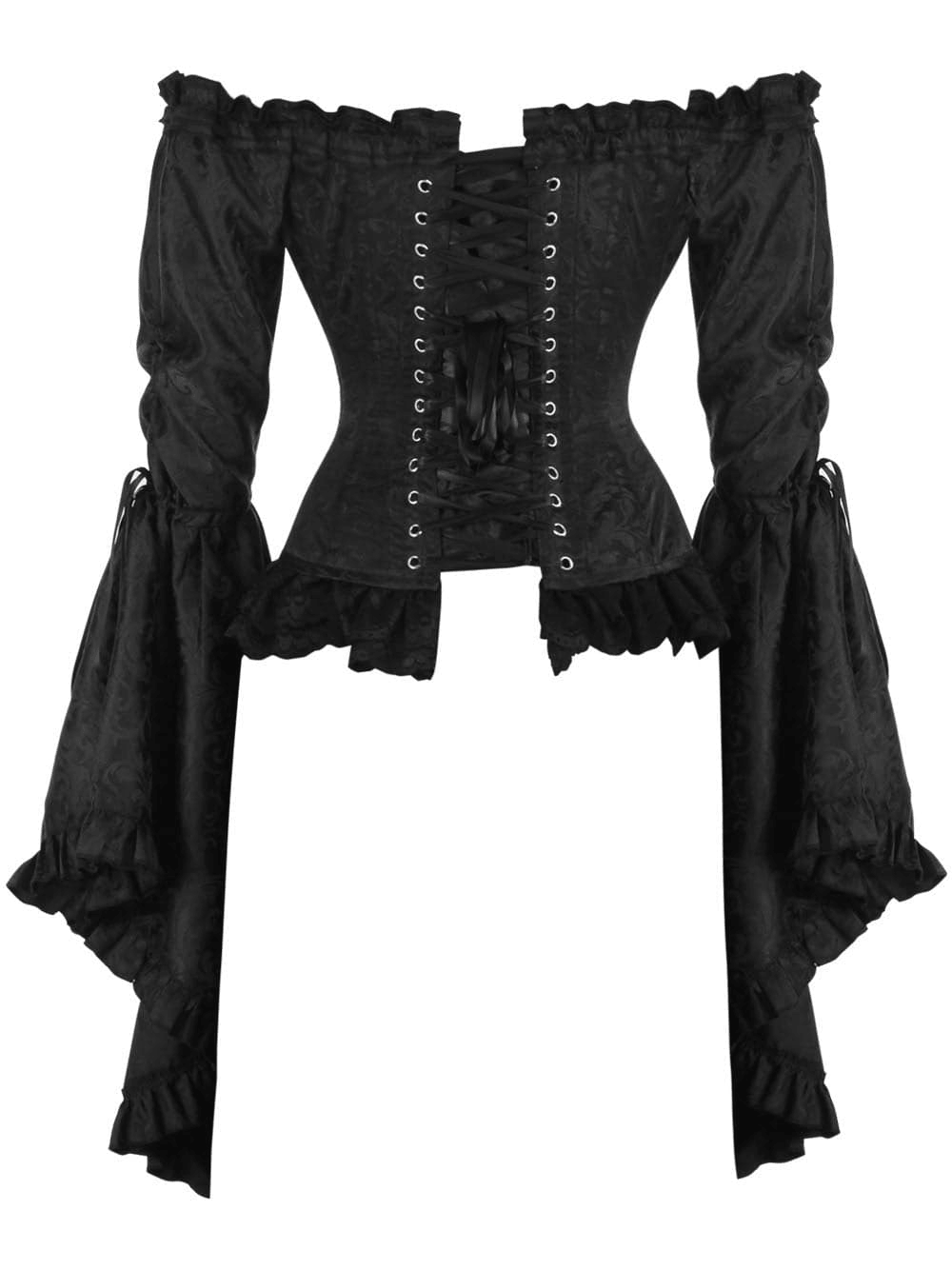 Dark Gothic Overbust Corset Top with Long Bell Sleeves showcasing a rich black fabric and off-shoulder design.