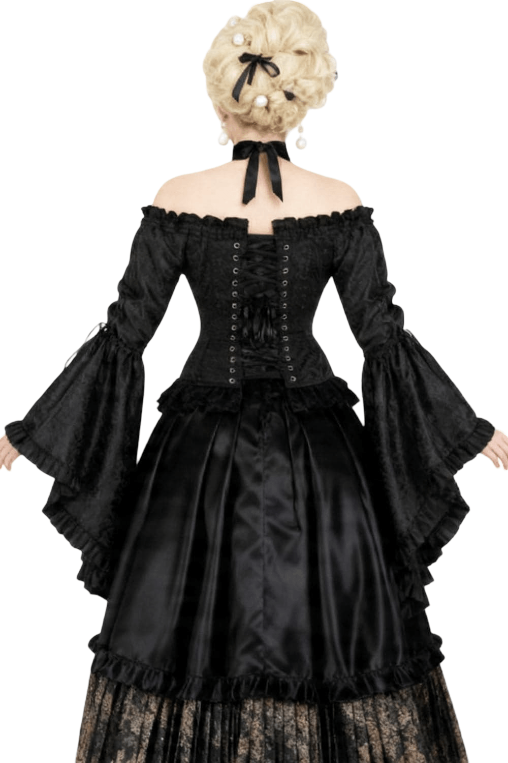 Dark Gothic Overbust Corset Top with Long Bell Sleeves worn by a model showcasing the back view in black fabric.