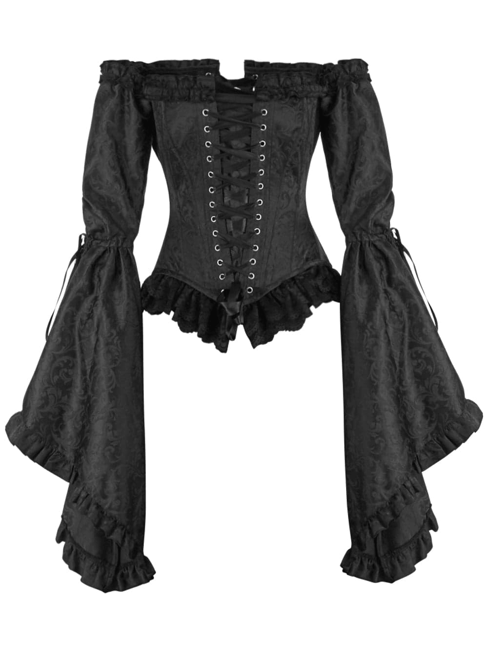 Dark Gothic Overbust Corset Top with Long Bell Sleeves featuring off-shoulder design and dramatic sleeves.