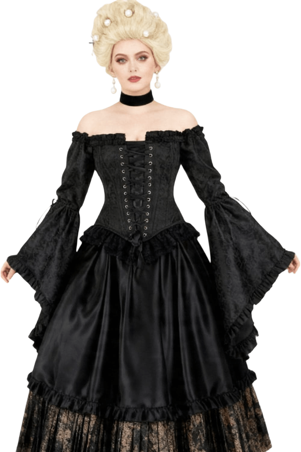 Dark Gothic Overbust Corset Top with Long Bell Sleeves worn by model in elegant gothic attire.