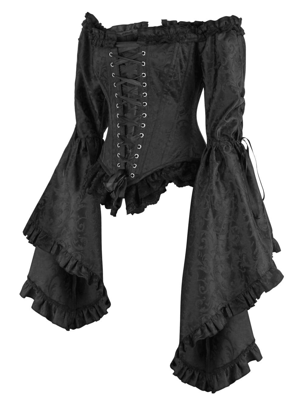 Dark Gothic Overbust Corset Top with Long Bell Sleeves featuring an elegant baroque pattern and dramatic ruffled sleeves.