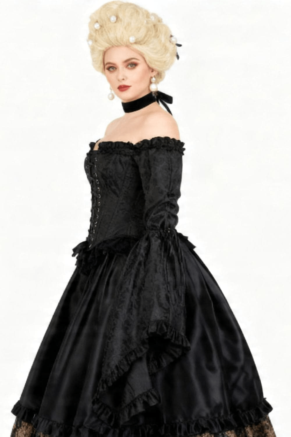 Dark Gothic Overbust Corset Top with Long Bell Sleeves worn by a model with vintage hairstyle.