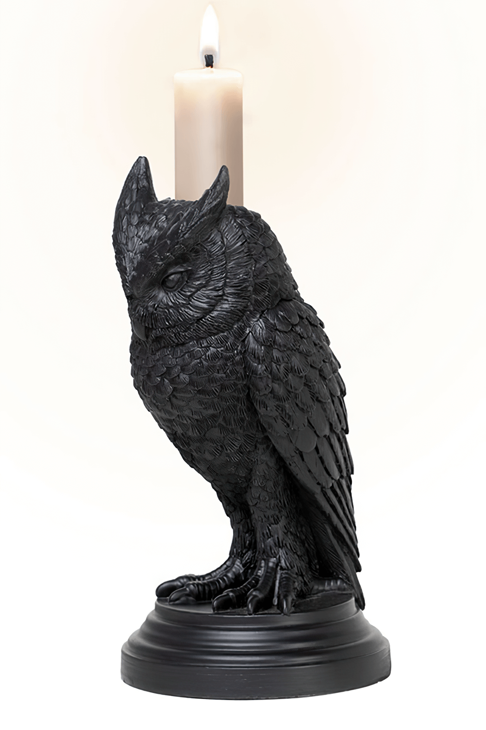 Dark Gothic owl candle holder in detailed black resin, perfect for gothic home decor and mystical ambiance.