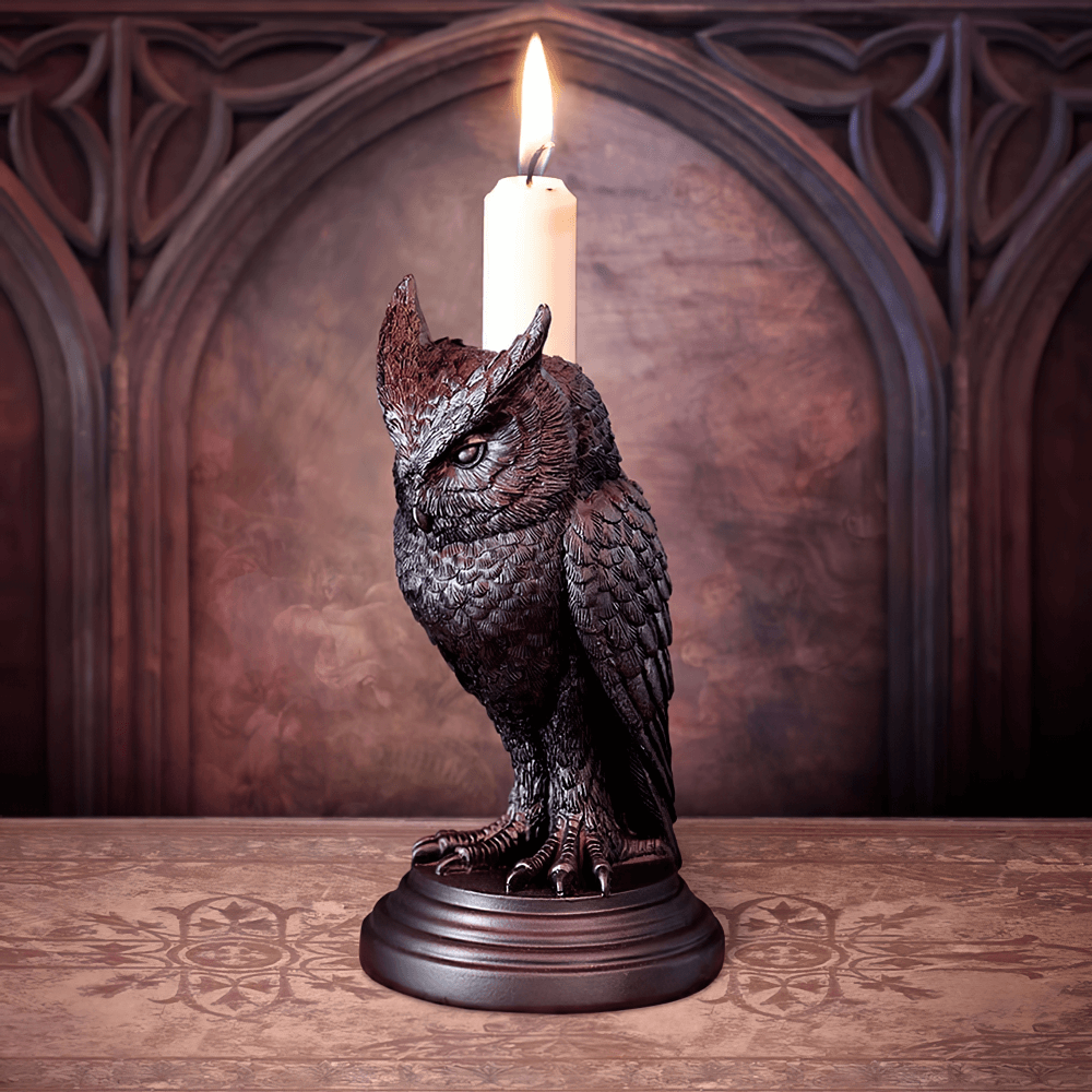Dark gothic owl candle holder in black resin with lit candle, perfect for eerie home decor.