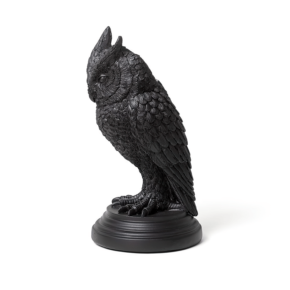 Dark gothic owl candle holder in black resin, perfect for eerie home decor and adding mystery to any space.