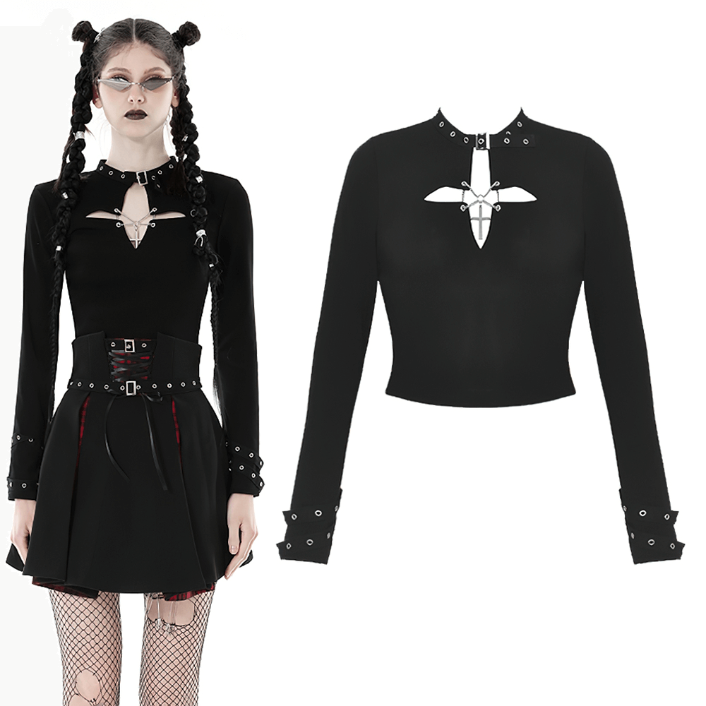 Dark Gothic Punk women's cutout cross crop top with o-ring choker and long sleeves, perfect for edgy fashion lovers.