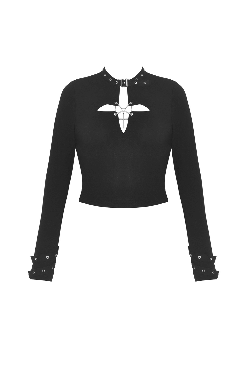 Edgy black crop top with cross cutout and O-ring choker, featuring long sleeves for a dark gothic punk style.