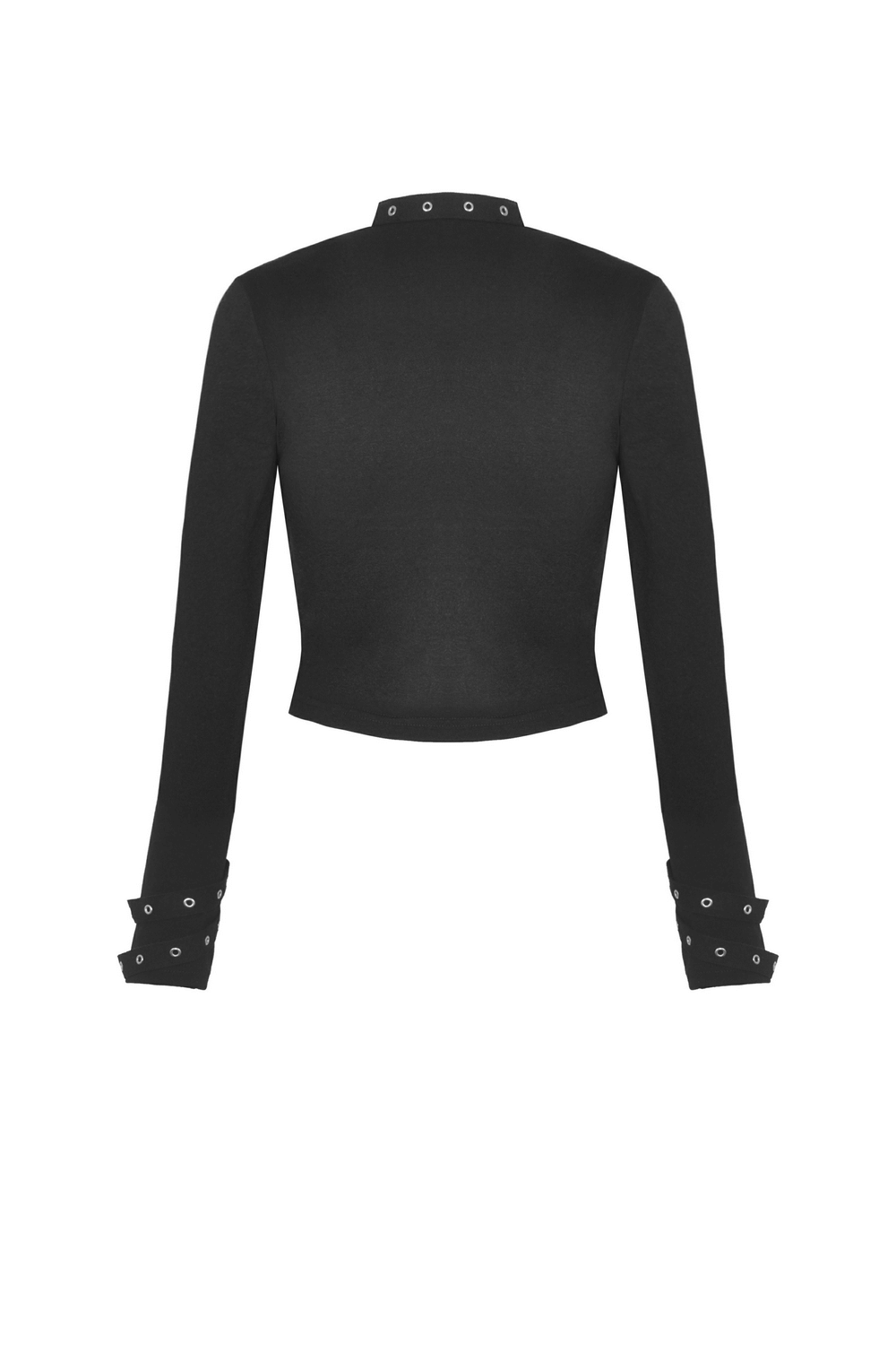 Back view of a dark gothic punk women's cutout cross crop top with long sleeves and o-ring detail.