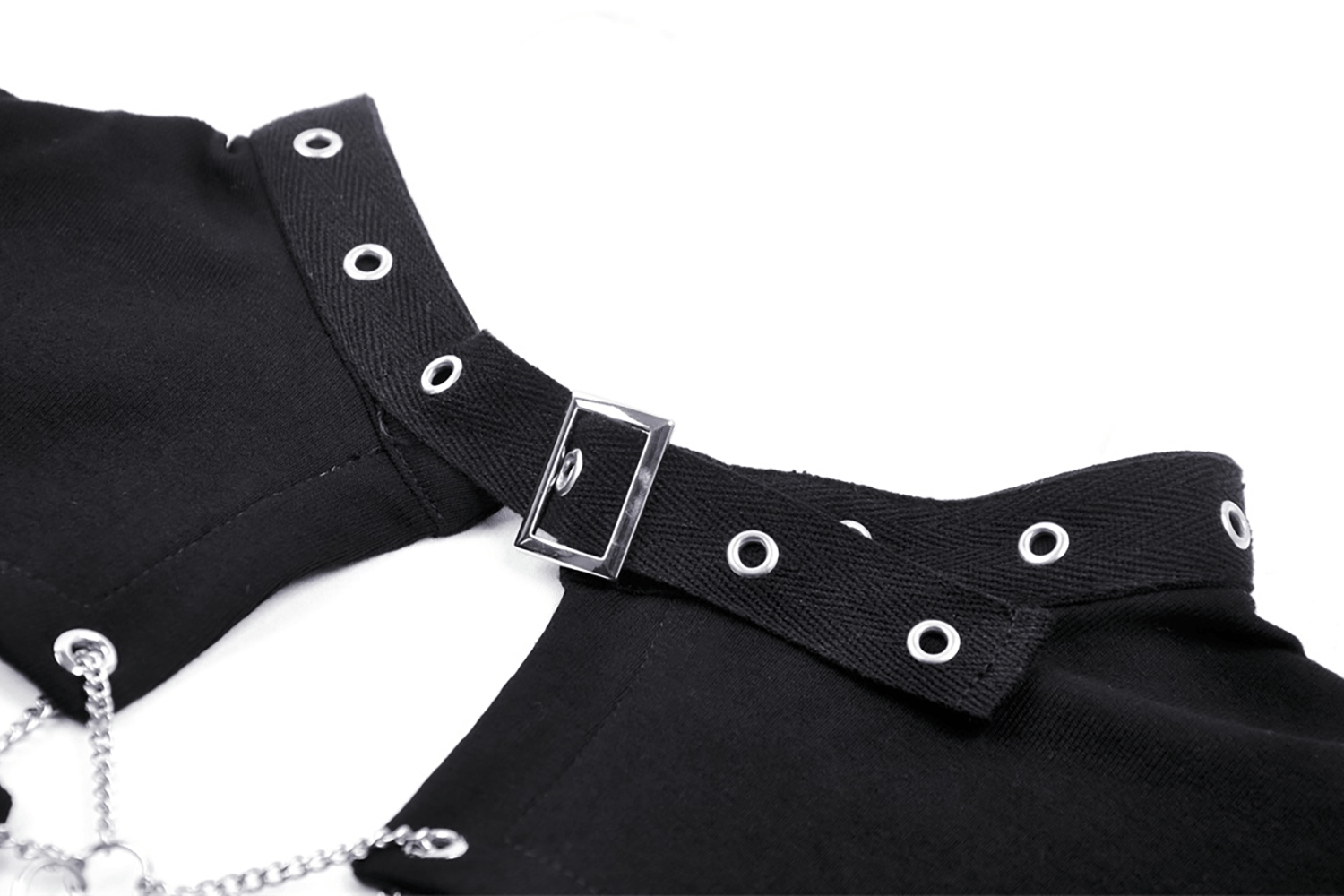 Close-up of dark gothic punk crop top with silver buckle and eyelet detailing, perfect for edgy fashion lovers.