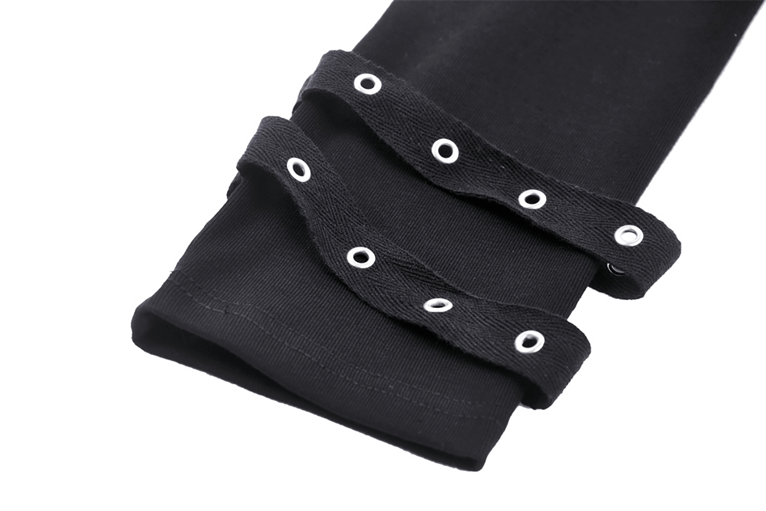 Close-up of the edgy black long sleeve with O-ring detail, featuring stylish cutout accents for a punk look.