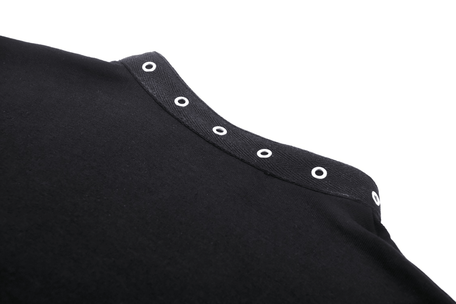 Close-up of the choker neckline on a dark gothic punk women's crop top featuring O-ring details.