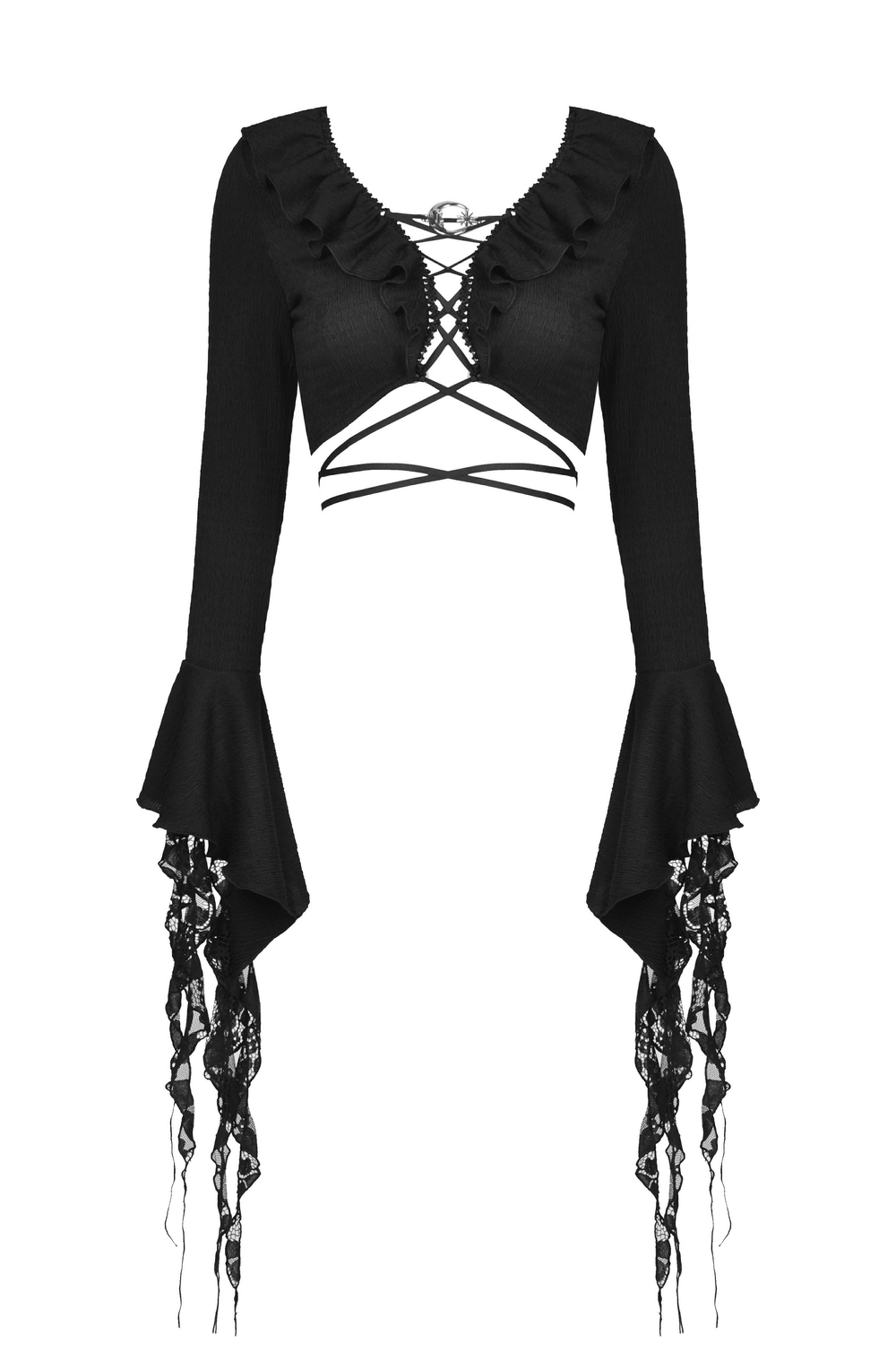 Black gothic crop top with ruffle neck and ripped sleeves, perfect for edgy, dark witch outfits.