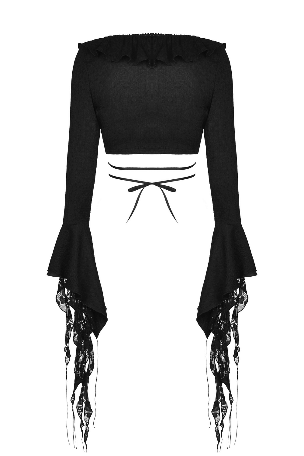 Black Gothic Crop Top with Ruffle Neck and Ripped Sleeves, perfect for edgy fashion lovers.