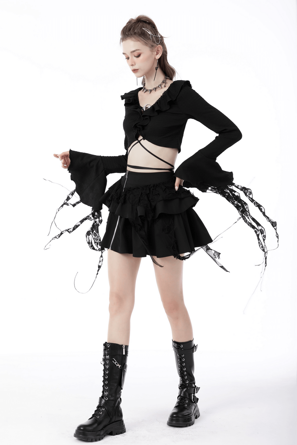 Dark gothic ruffle neck crop top with ripped sleeves and a skirt, perfect for edgy outfits.