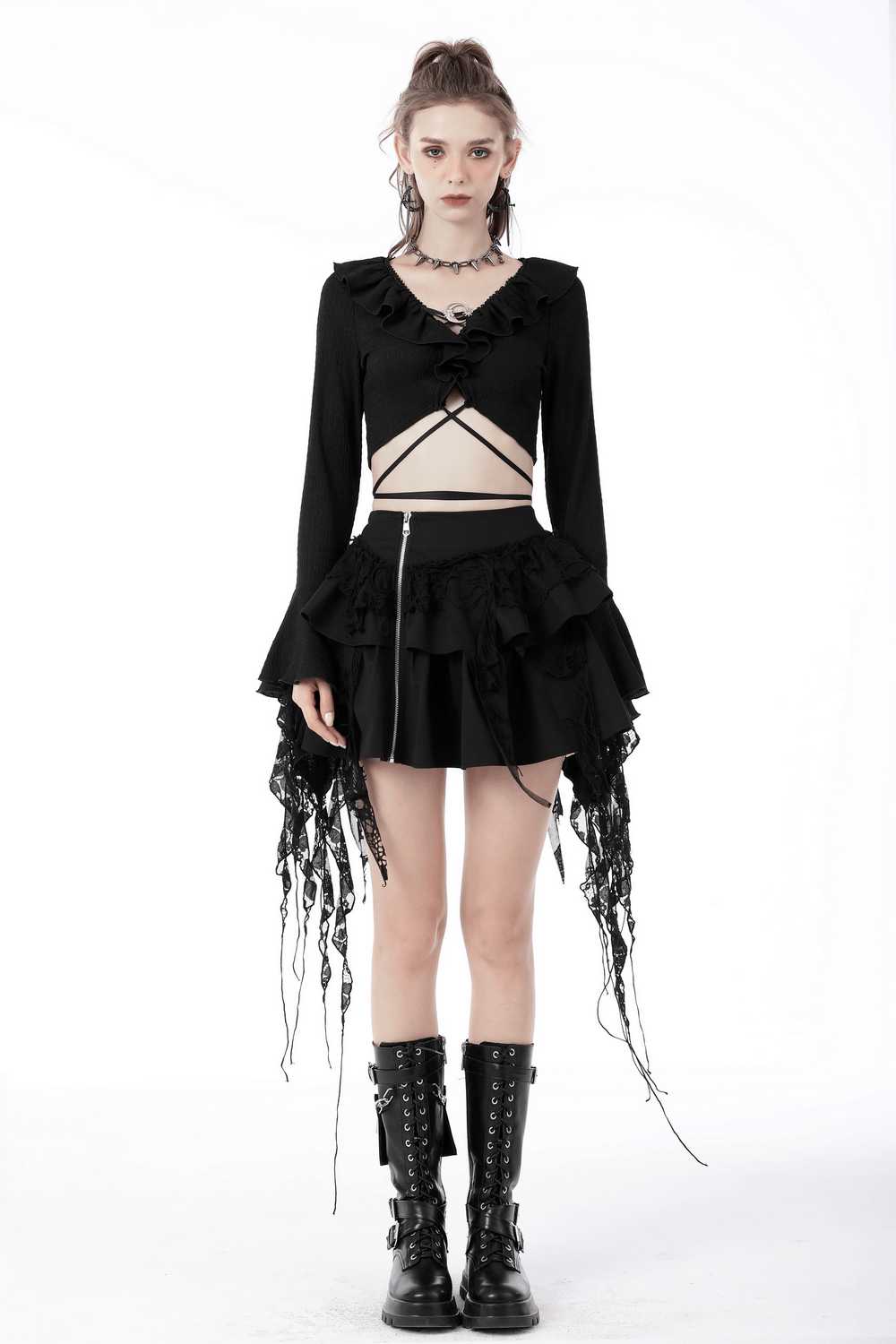 Dark Gothic Ruffle Neck Crop Top with Ripped Sleeves